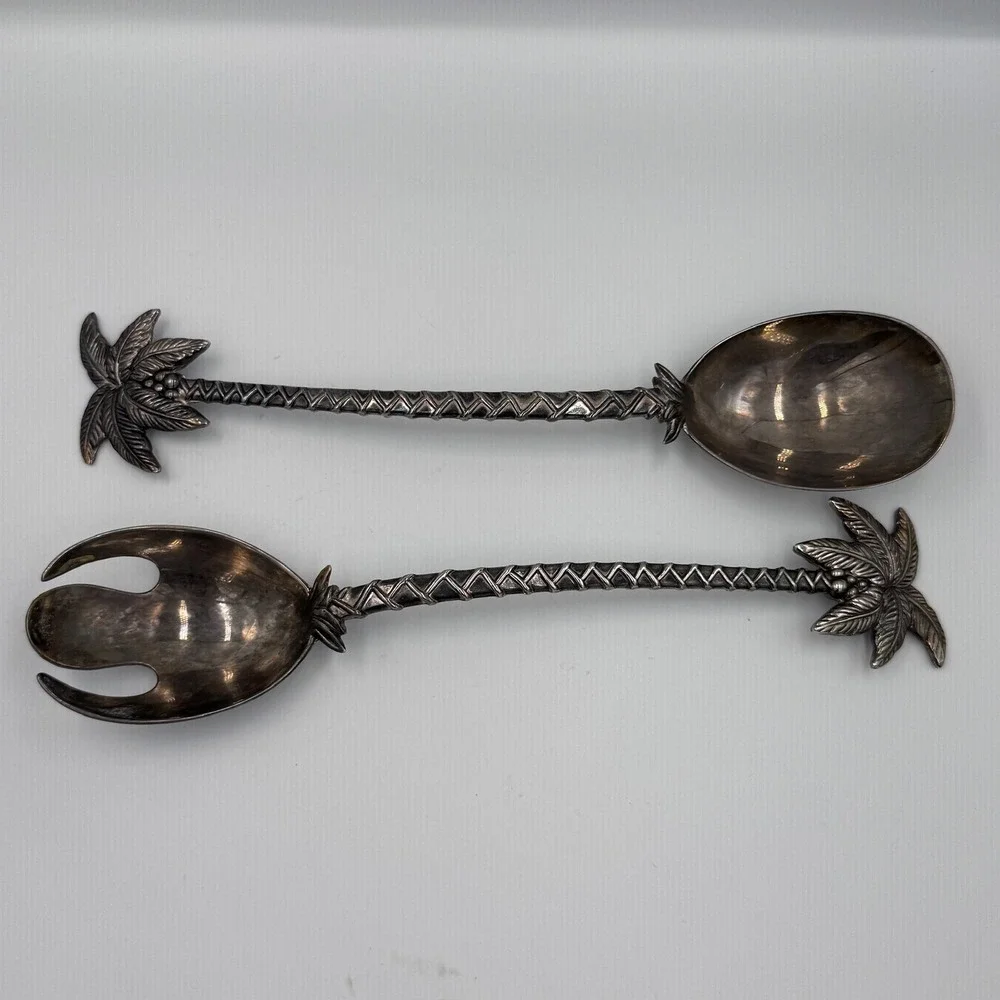 Vintage Palm Tree Salad Serving Set Silver Tone Tropical Coastal Tiki